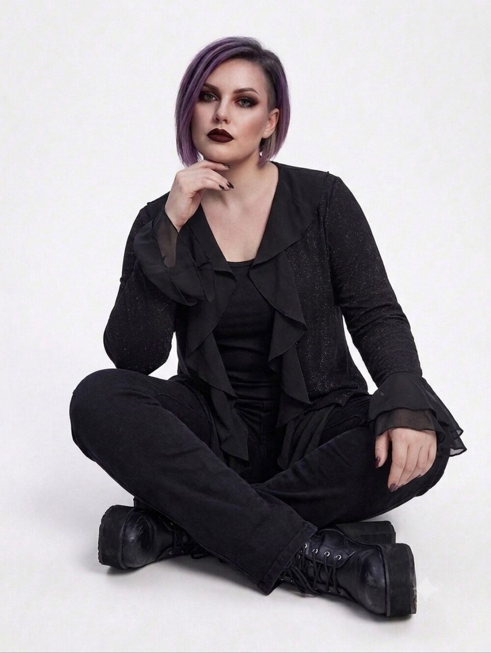 Xscape Black Ruffled Open-Front Cardigan with Sheer Ruffle Trim - Picture 8 of 8